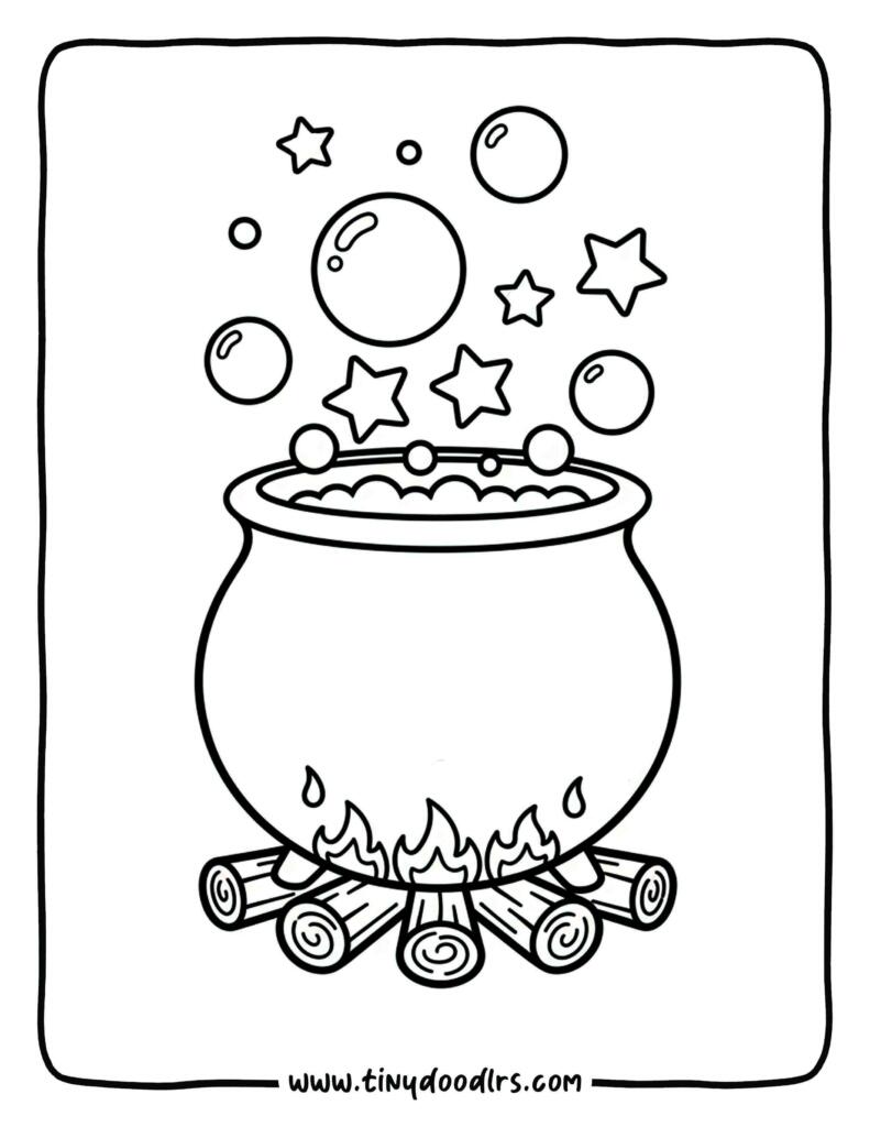 Witch’s cauldron with candy and stars floating out