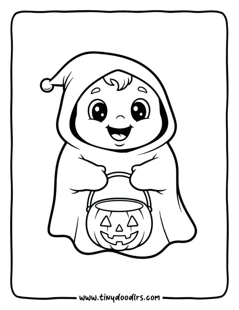 Cute baby ghost holding a pumpkin bucket – easy halloween coloring page for kids