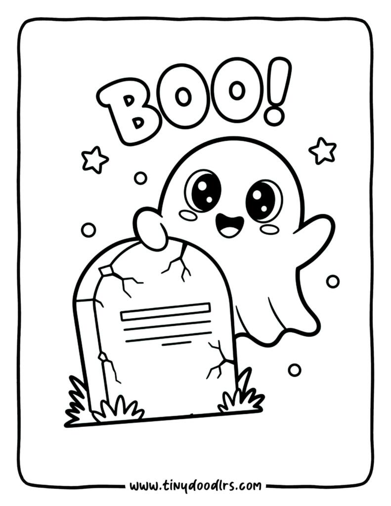Cute ghost peeking from behind a tombstone saying “Boo!”