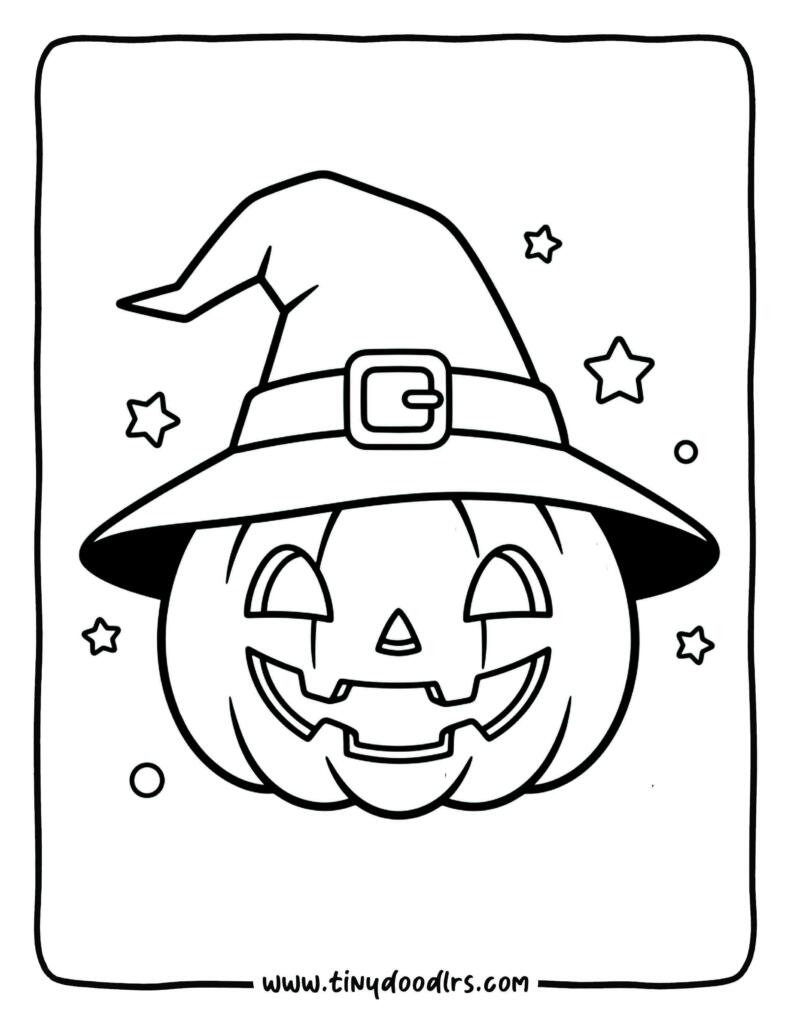 Little pumpkin wearing a witch hat – cute halloween colouring sheet printable