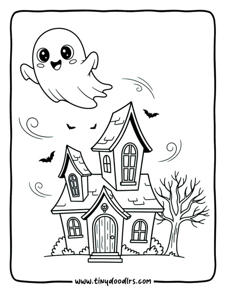 Happy ghost flying over a haunted house