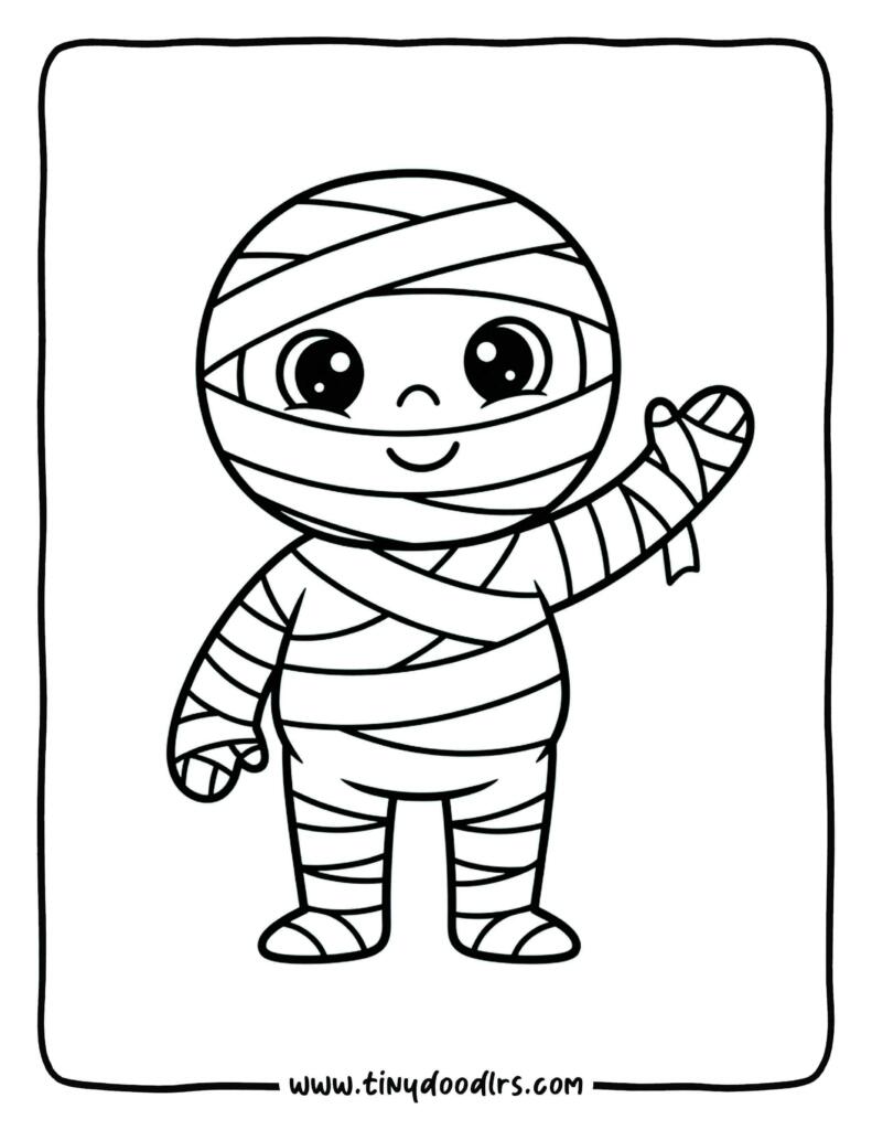 Smiling mummy waving hello – free printable halloween coloring page for children