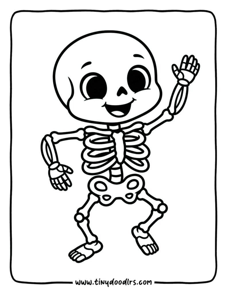 Little skeleton dancing happily – fun halloween coloring sheet for kids
