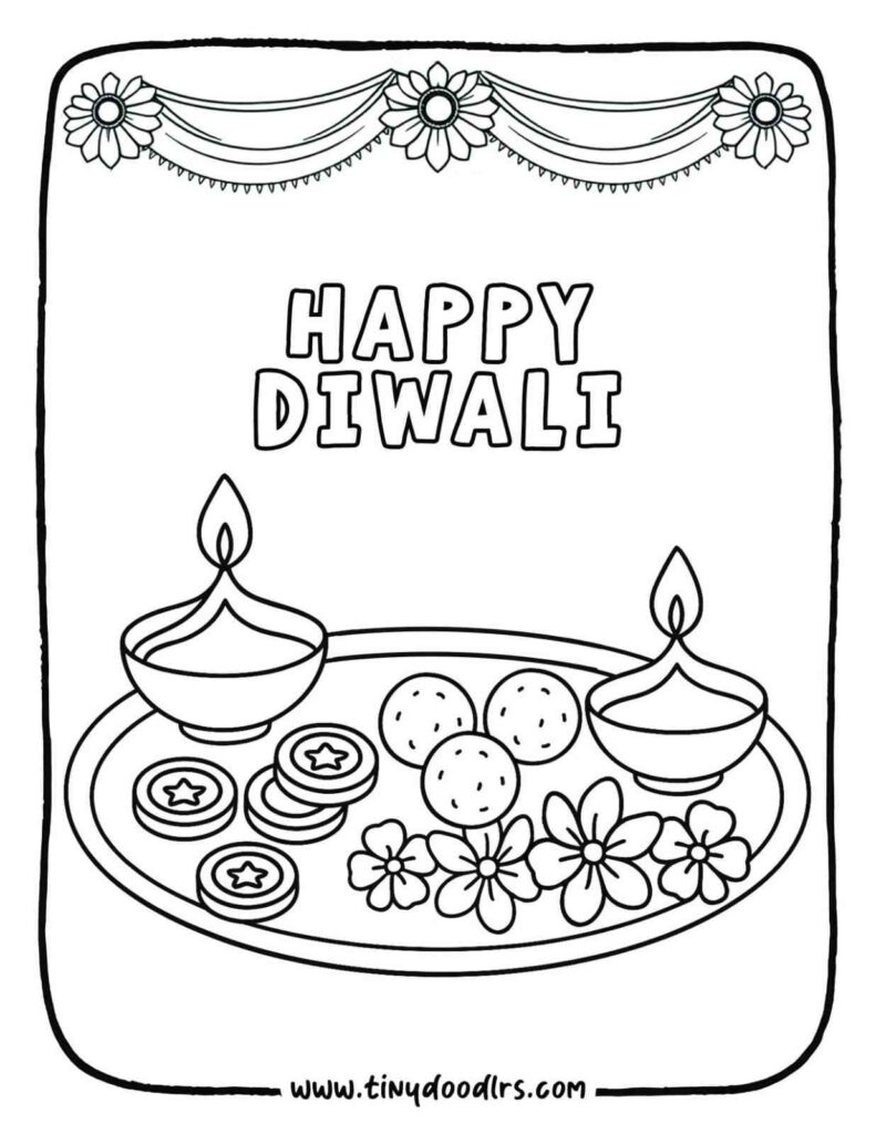 Decorated puja thali with flowers and diyas – diwali festival drawing jpg