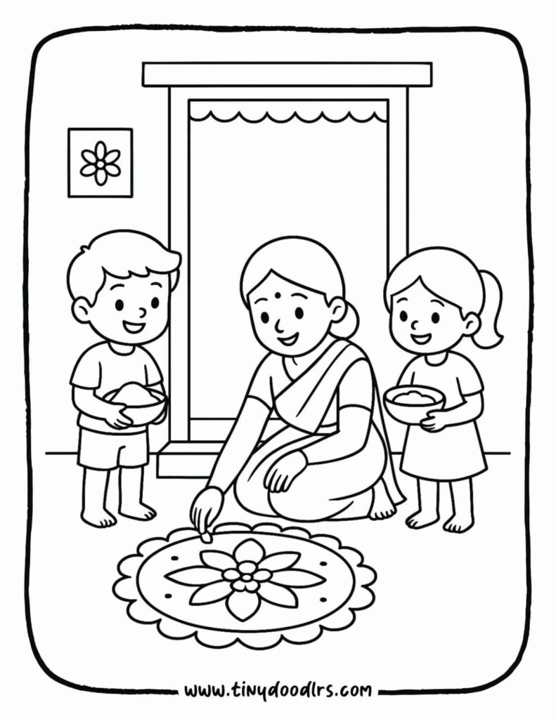 Kids making rangoli together – diwali festival drawing coloring sheet