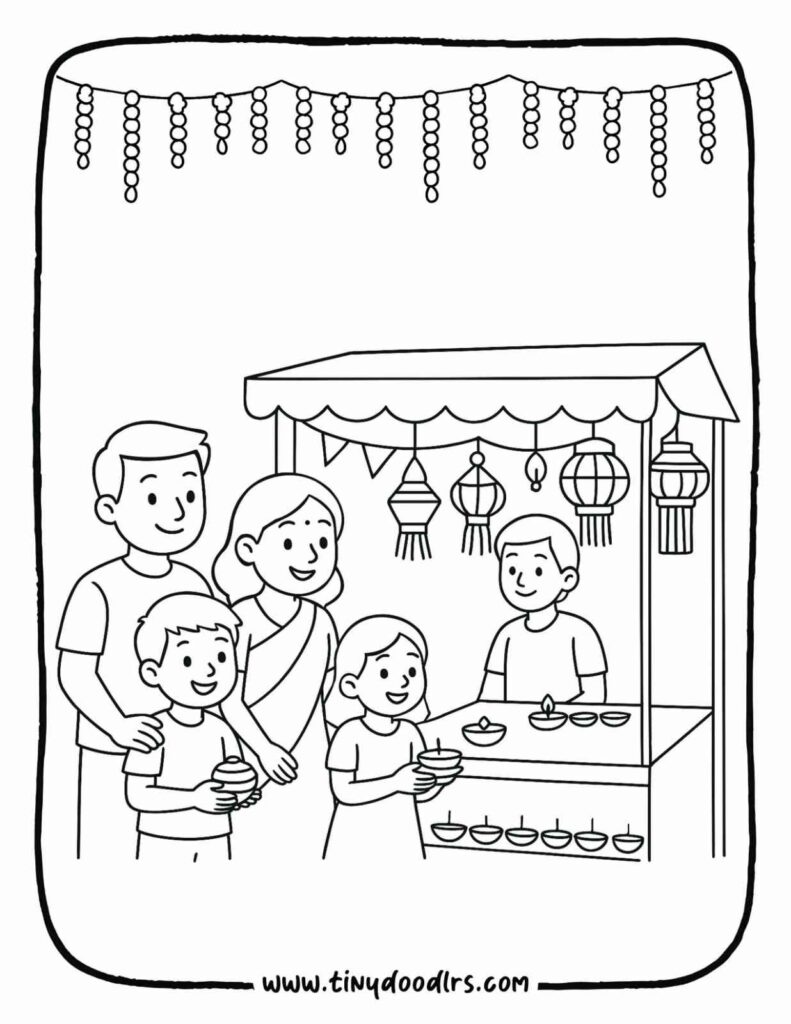 Family shopping for lanterns and diyas – Indian festival coloring page