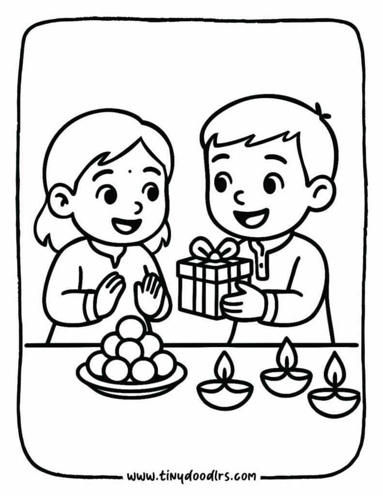 Brother giving gift to sister during Bhai Dooj – happy diwali drawing