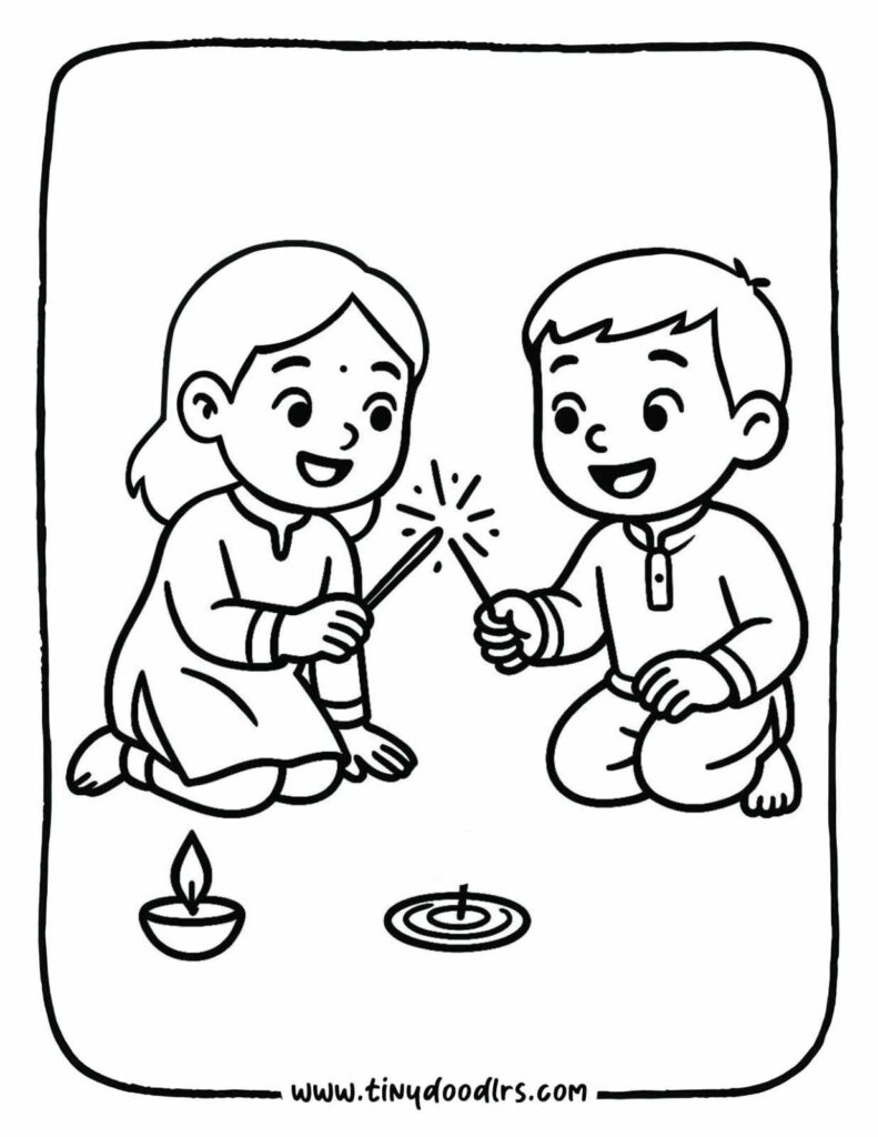 Kids playing with safe sparklers – diwali drawing easy for children