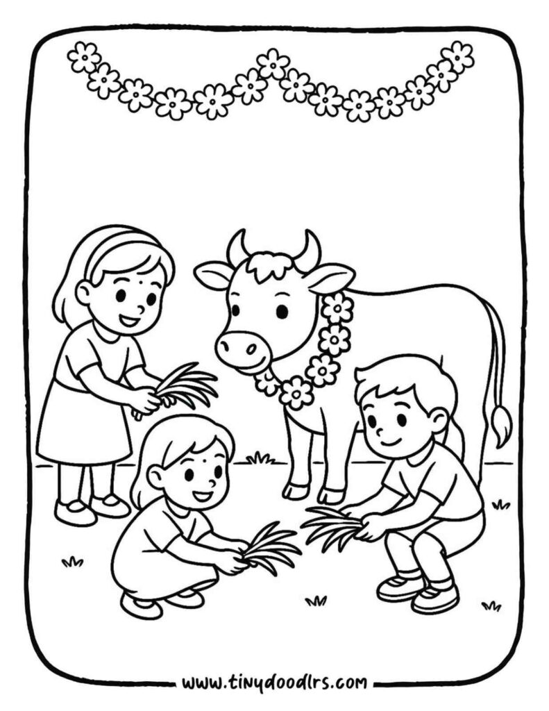 A child feeding sweets to a cow on Diwali – unique diwali festival drawing
