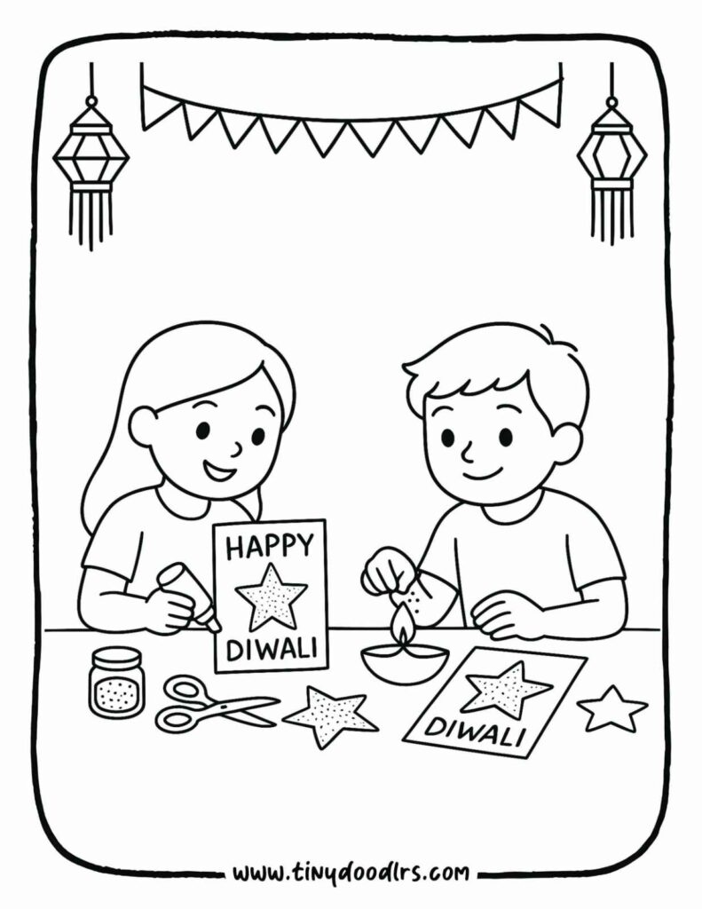 Kids making handmade Diwali greeting cards – fun deepavali drawing idea