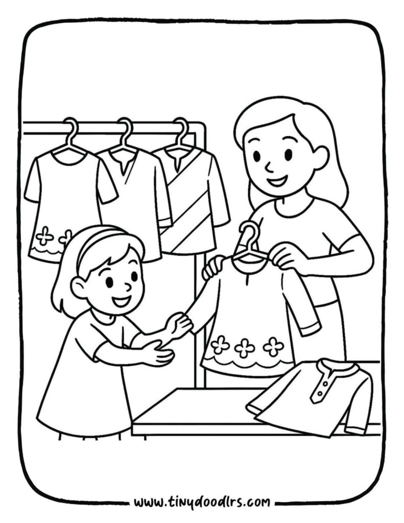 Family shopping for new clothes – Indian festival coloring page