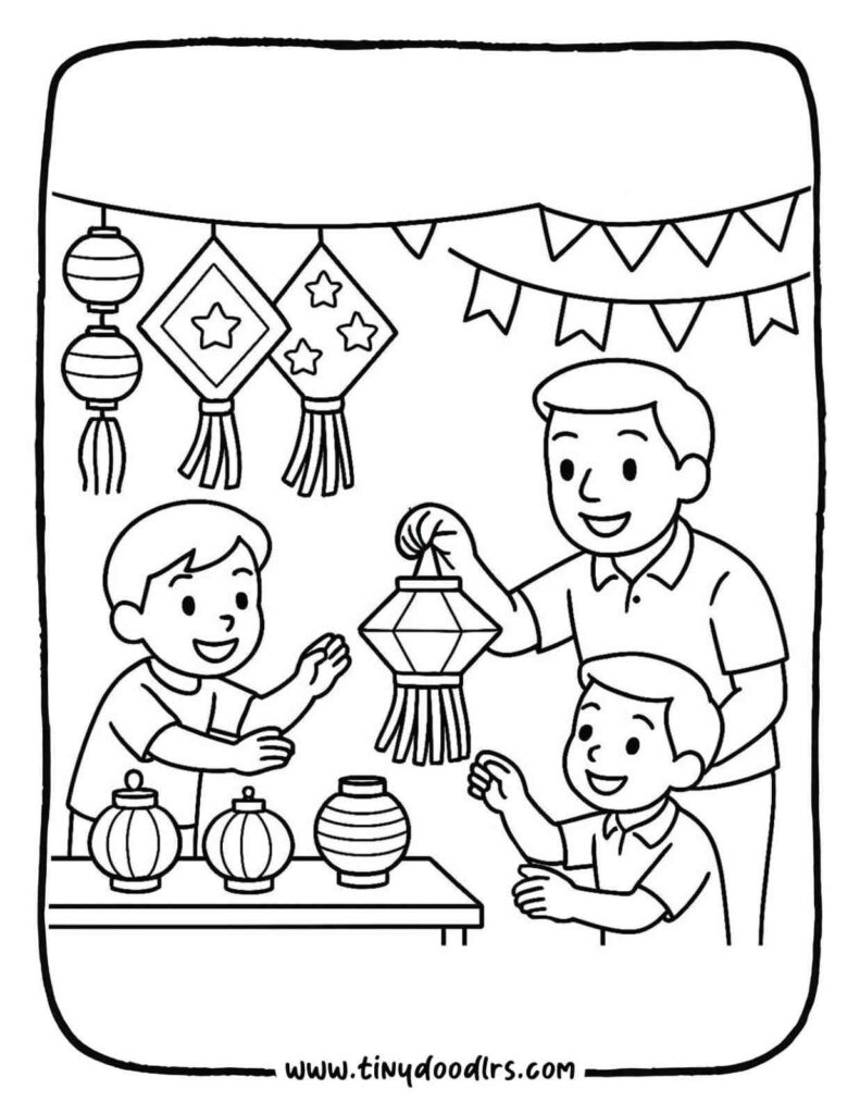 Diwali bazaar scene with colorful stalls – diwali art drawing for coloring
