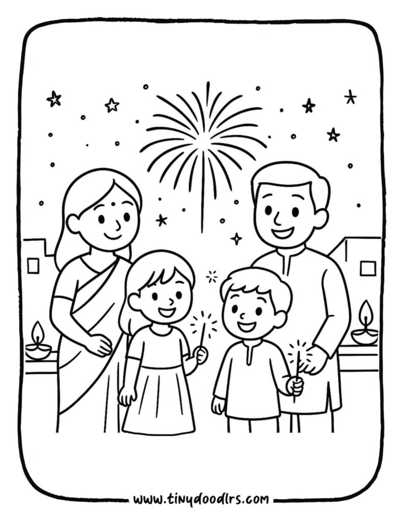 Diwali festival drawing of a family watching fireworks on the rooftop