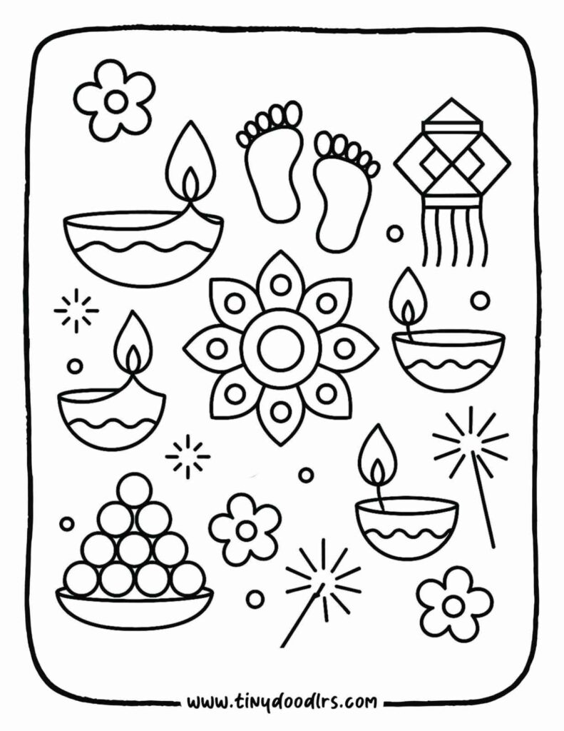 Diwali art drawing with diyas, flowers, sweets and lanterns in cute layout