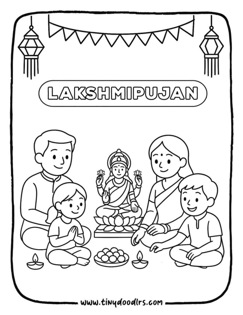 Family performing Lakshmi pooja – traditional diwali celebration drawing