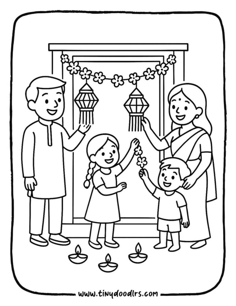 Beautiful deepavali celebration drawing with lanterns and diyas
