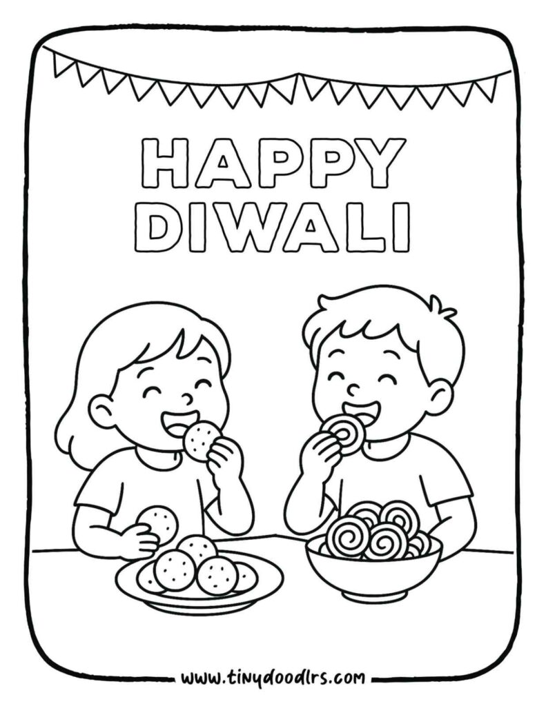Children enjoying Diwali sweets – free printable diwali coloring pages