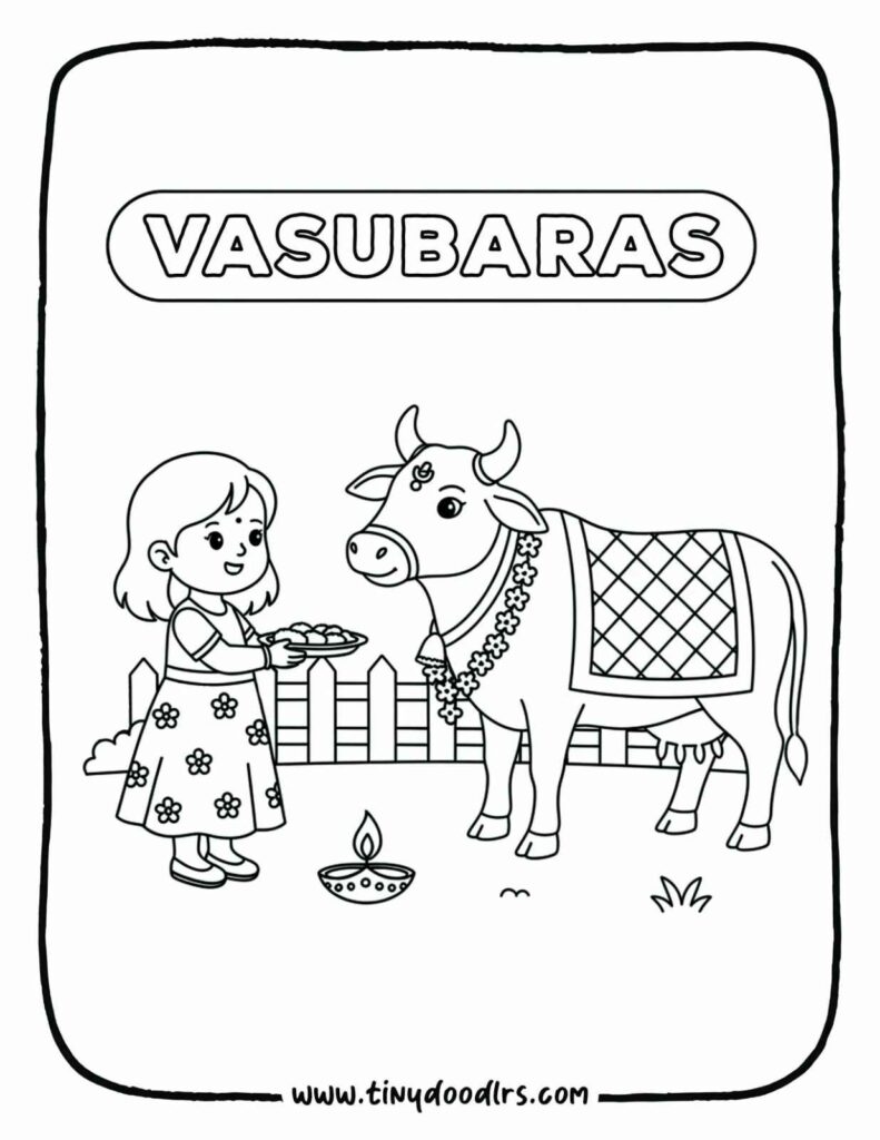 Deepavali drawing printable – Vasubaras celebration coloring page