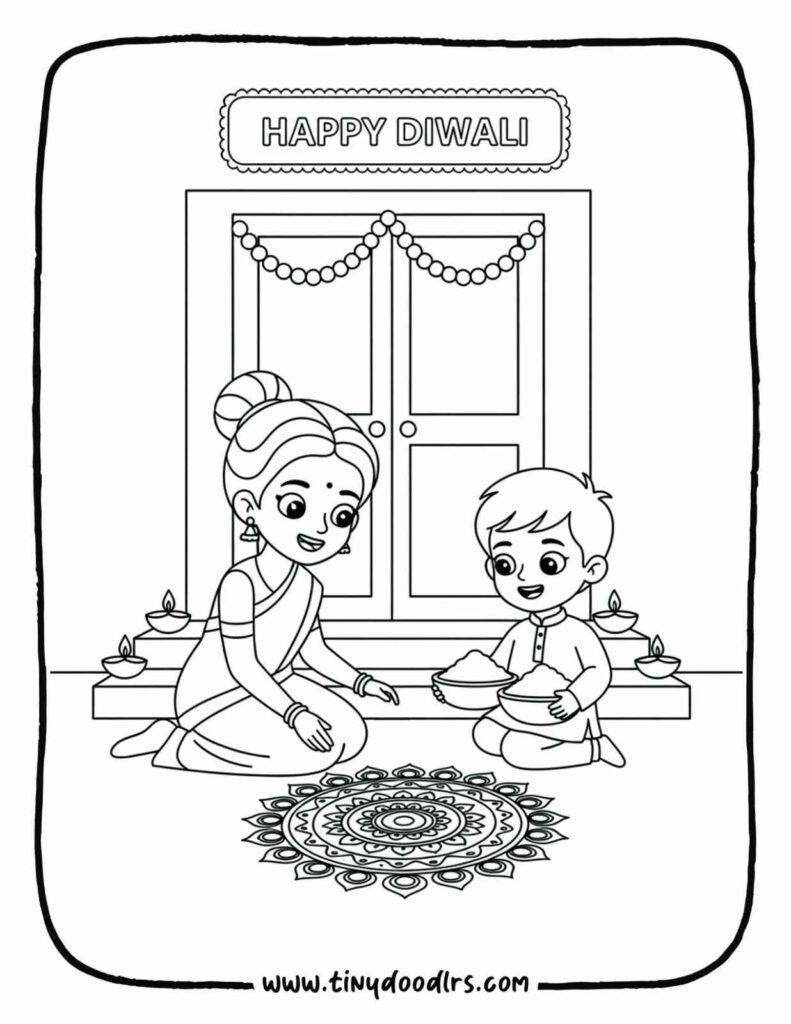Diwali art drawing of kids and parents creating rangoli patterns