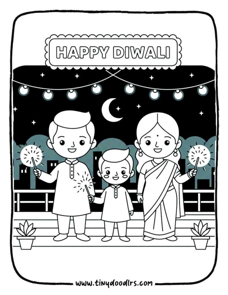 Beautiful diwali drawing – night sky filled with crackers and lanterns