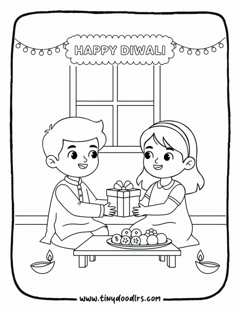 Bhai Dooj diwali drawing – brother gifting present to sister