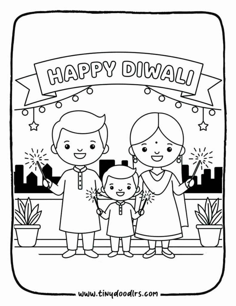 Diwali drawing of family watching fireworks on the rooftop