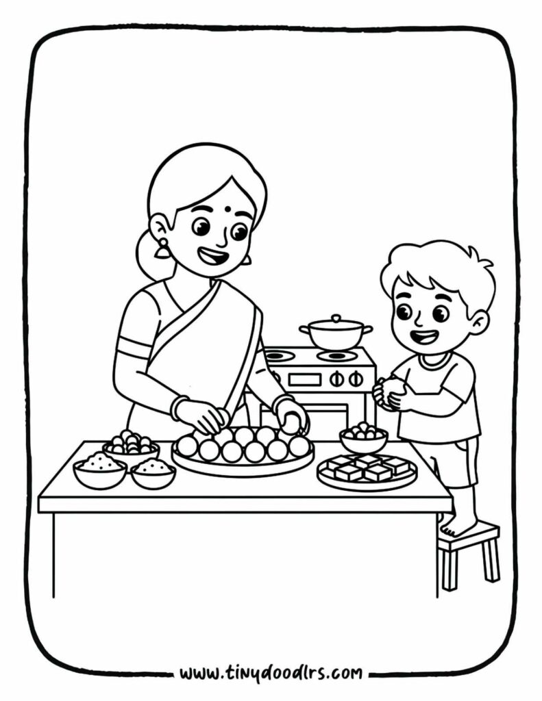Deepavali drawing printable – festive sweet making activity
