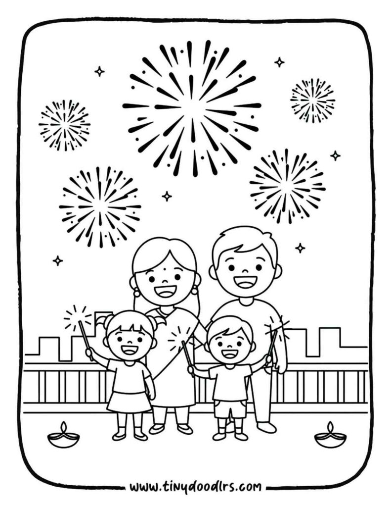 Deepavali celebration drawing – rooftop family celebration