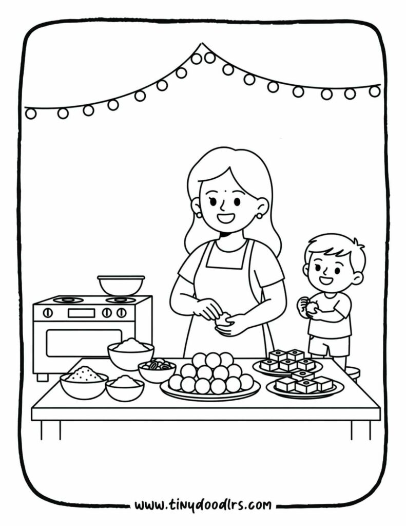Diwali drawing of child helping mom make sweets in kitchen
