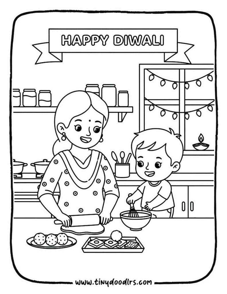 Diwali drawing of child helping mom make sweets in kitchen