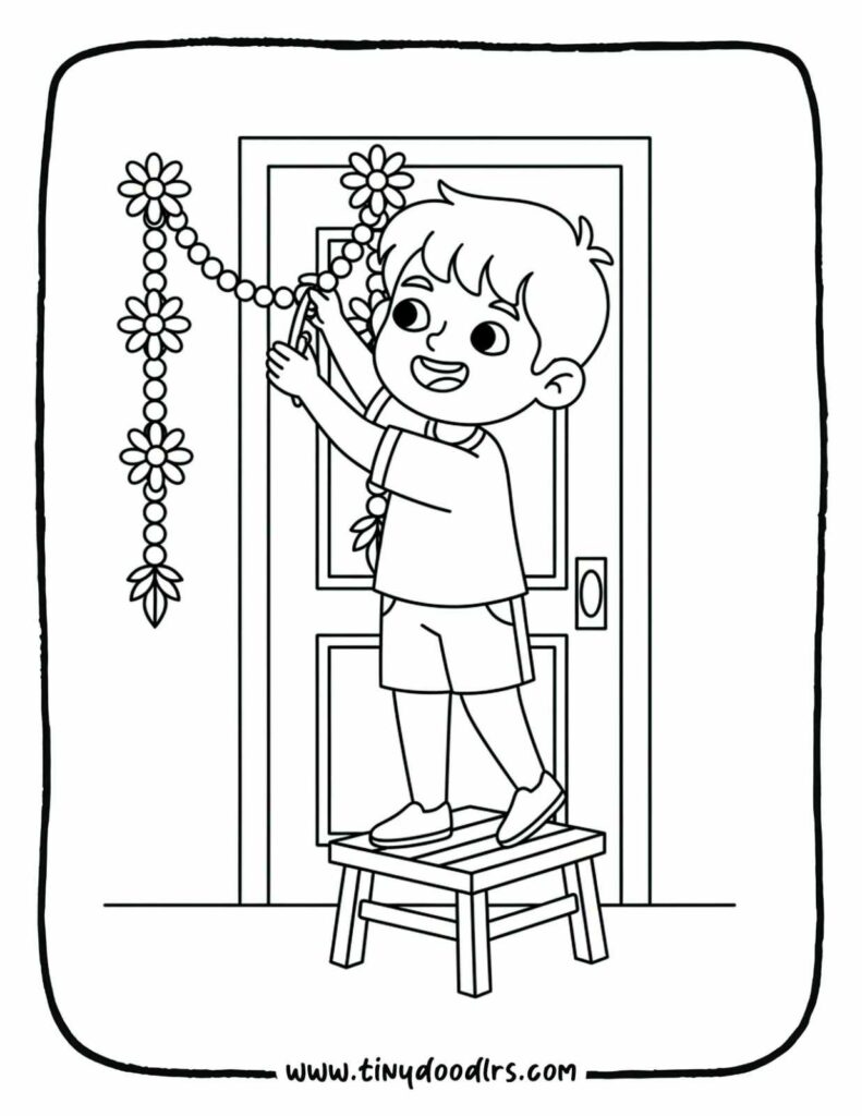 Diwali drawing – child decorating doorway with toran