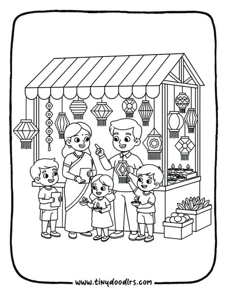 Diwali drawing of family shopping for lanterns and diyas