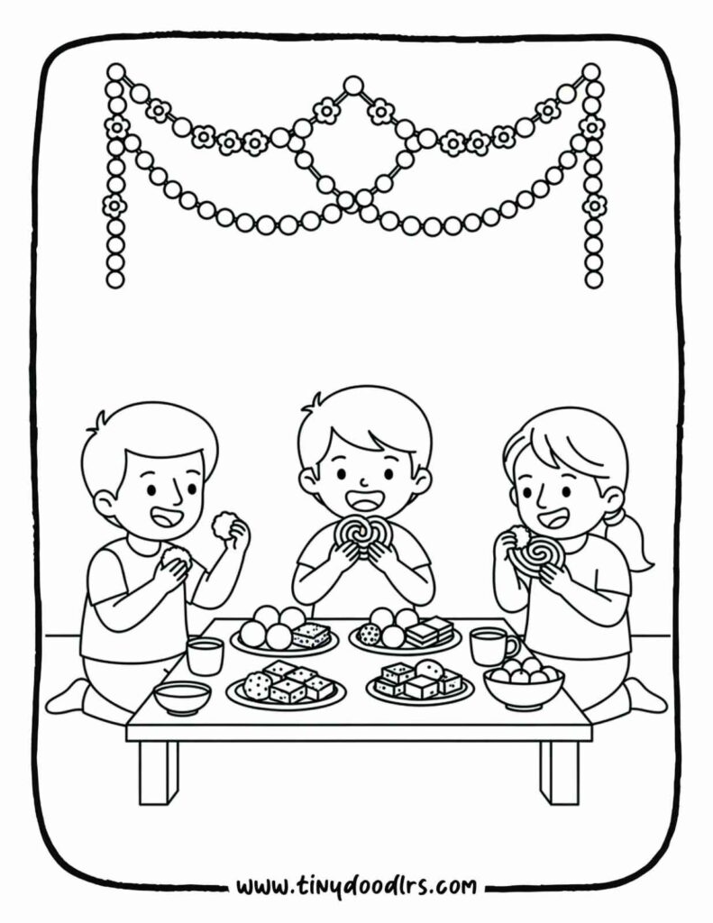 Diwali drawing of children eating festive sweets together