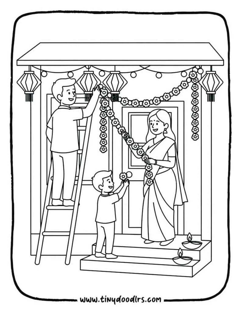 Deepavali celebration drawing of home decor scene