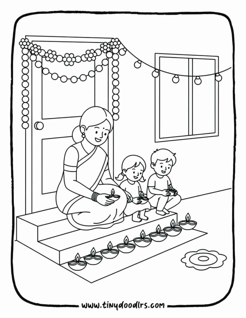 Beautiful diwali drawing with family placing diyas at the doorstep