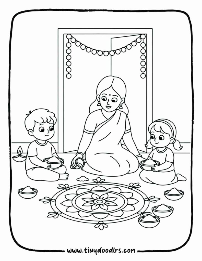 Deepavali celebration drawing – rangoli activity at home entrance
