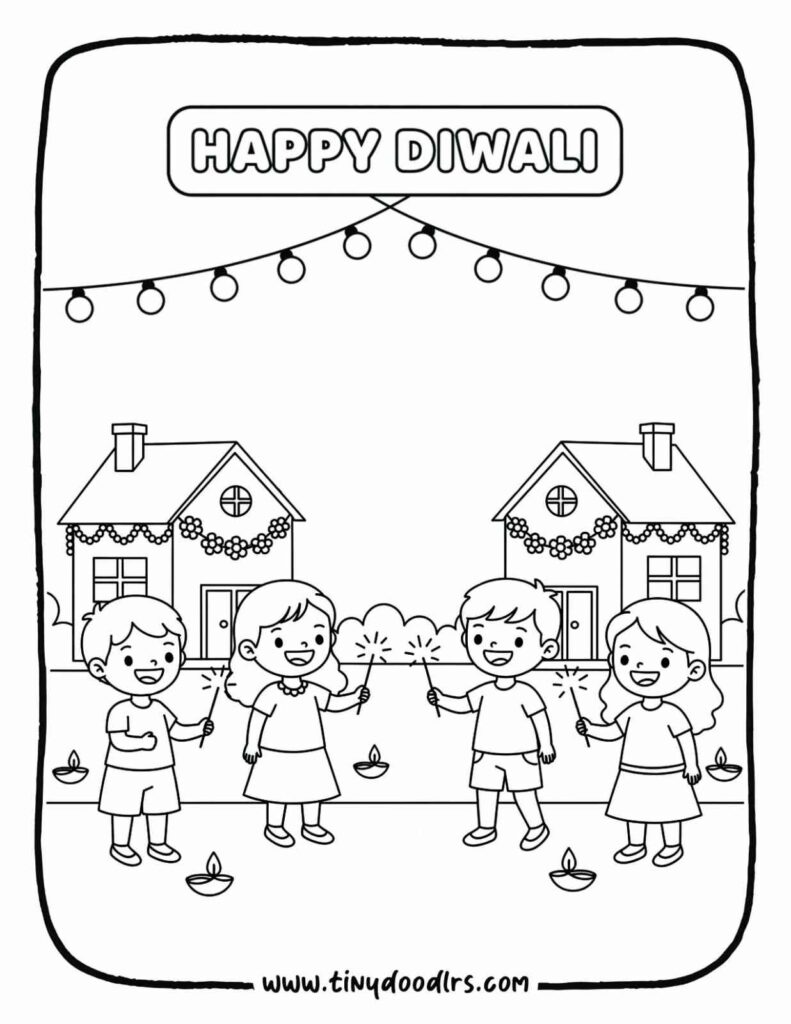 children celebrating with fireworks free coloring pages