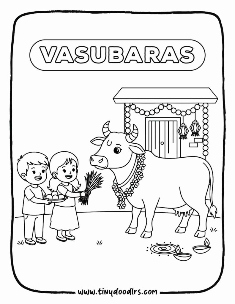 child feeding sweets to cow on vasubaras-diwali free coloring pages
