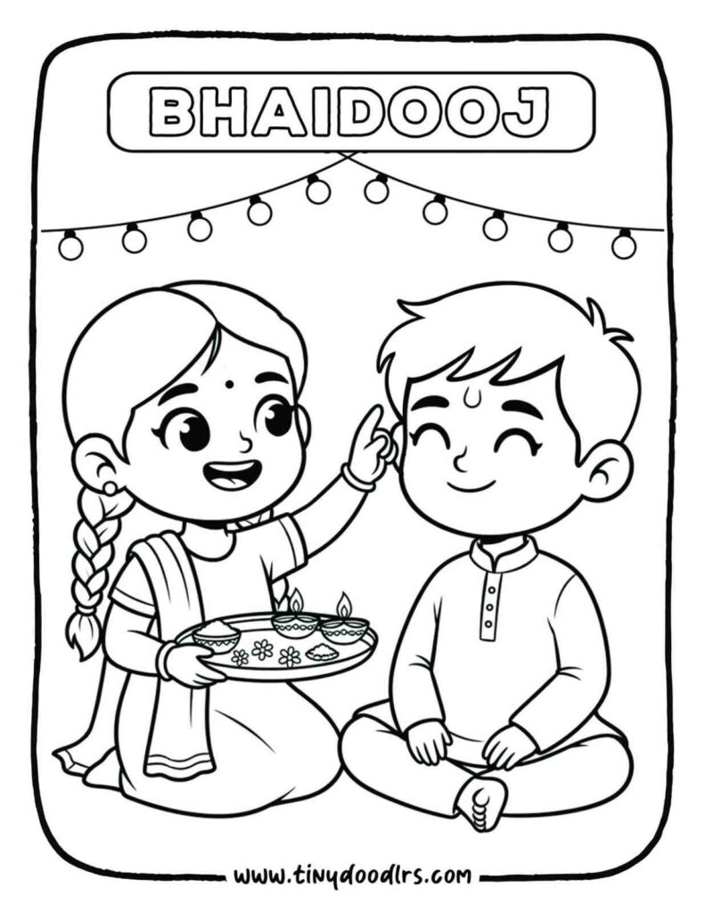 Bhai Dooj diwali drawing – sister applying tilak to brother