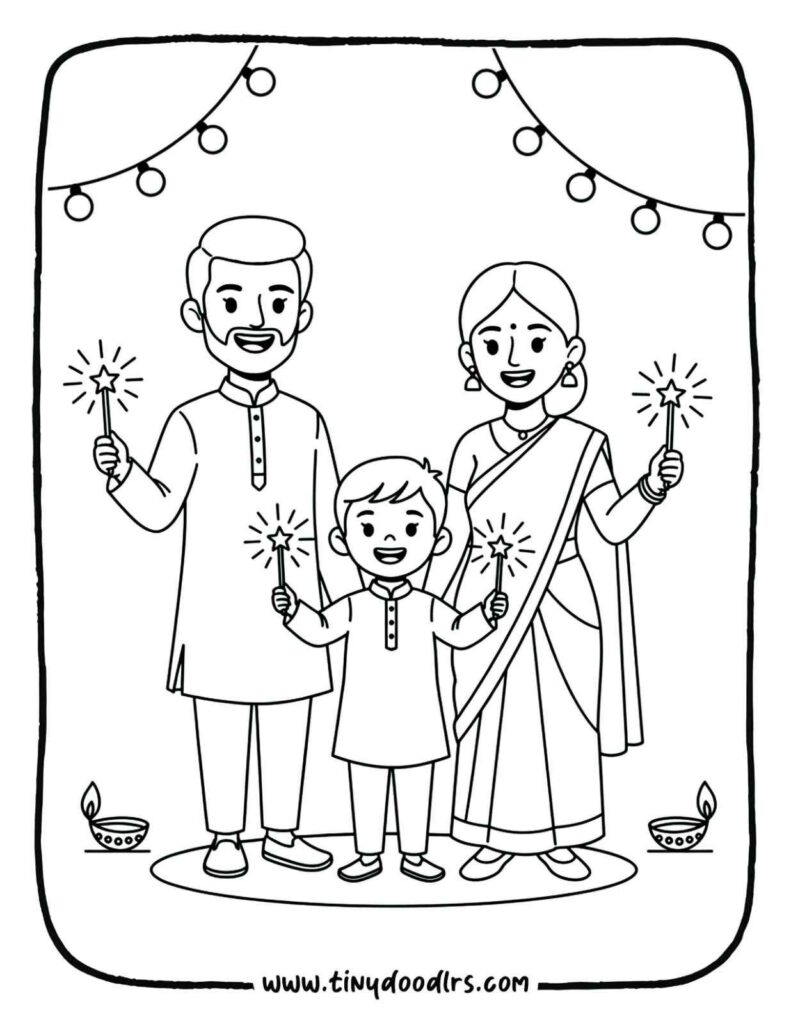 Diwali drawing of family playing with sparklers