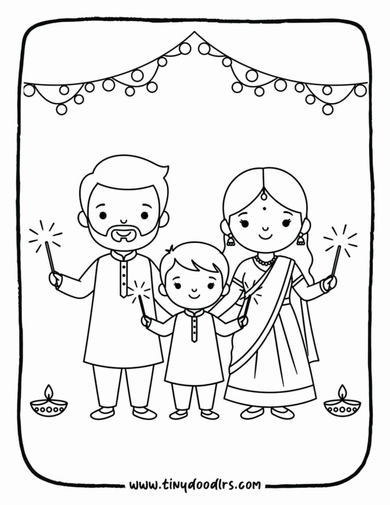 Happy diwali drawing easy – children celebrating with fireworks