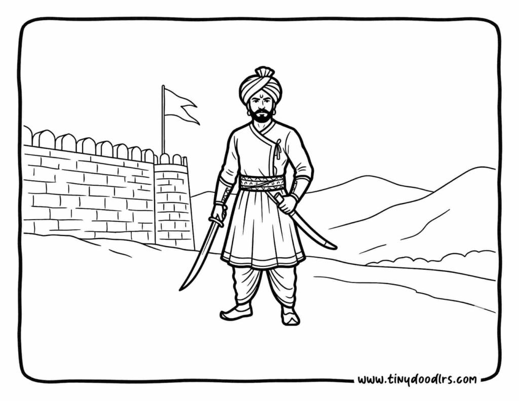 Chhatrapati Shivaji Maharaj drawing featuring famous Mavalas and commanders, educational Shiv Jayanti coloring page for children