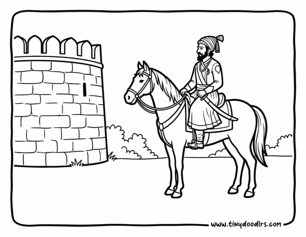 Chhatrapati Shivaji Maharaj drawing representing his timeless legacy and leadership, inspirational coloring page for children