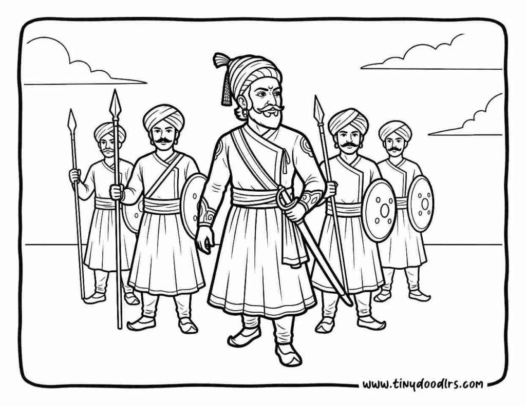 Chhatrapati Shivaji Maharaj drawing with loyal Mavalas supporting Swarajya