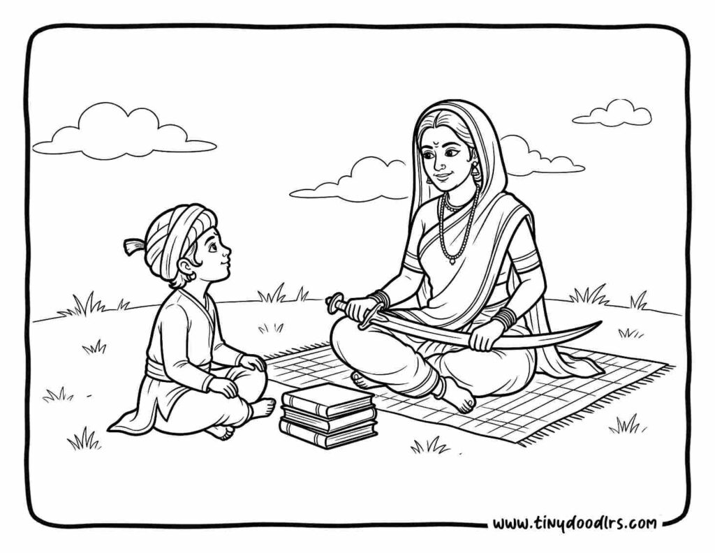 Chhatrapati Shivaji Maharaj drawing with Jijamata teaching values and courage, easy and meaningful coloring page for kids on Shiv Jayanti