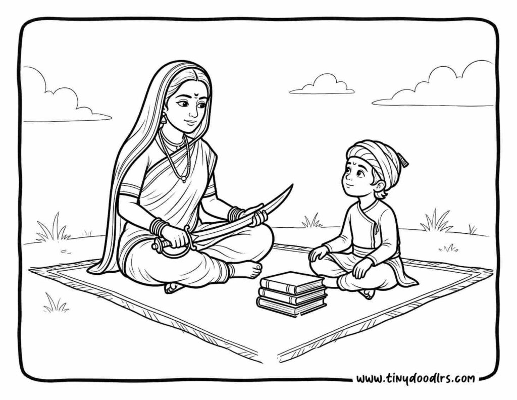 Chhatrapati Shivaji Maharaj drawing with Jijamata teaching values and bravery, meaningful Shiv Jayanti coloring page for children