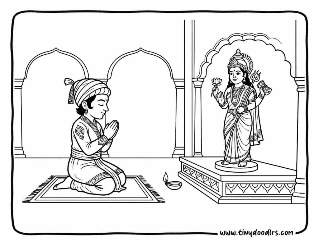 Chhatrapati Shivaji Maharaj drawing showing prayers to Tulja Bhavani Mata, spiritual and easy Shiv Jayanti coloring page for kids