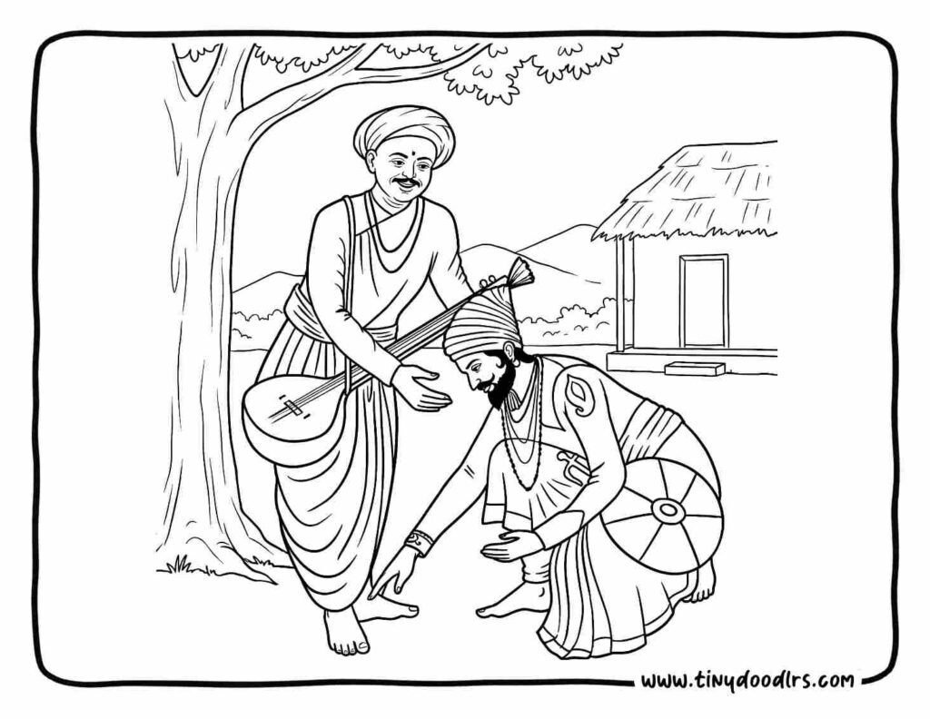 Chhatrapati Shivaji Maharaj drawing with Saint Tukaram Maharaj, peaceful spiritual guidance scene, easy coloring page for children
