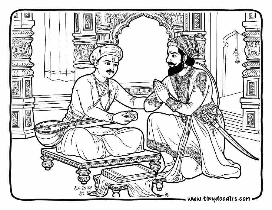 Chhatrapati Shivaji Maharaj drawing with Saint Tukaram Maharaj offering spiritual guidance, peaceful coloring page for children