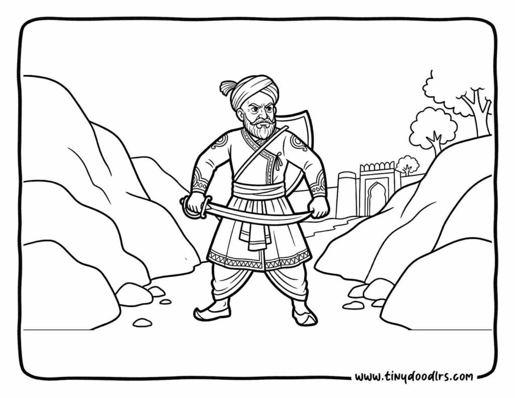 Chhatrapati Shivaji Maharaj drawing featuring famous Mavalas and commanders, educational Shiv Jayanti coloring page for children